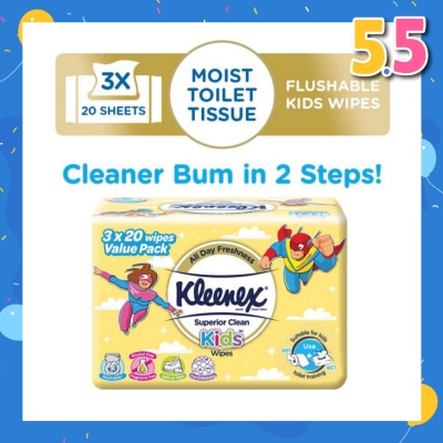 KLEENEX Superior Clean Kids Moist Tissue Wipes Value Packset (Flushable Suitable for Kids Toilet Training) 20s x 3pack