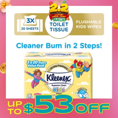 KLEENEX Superior Clean Kids Moist Tissue Wipes Value Packset (Flushable Suitable for Kids Toilet Training) 20s x 3pack