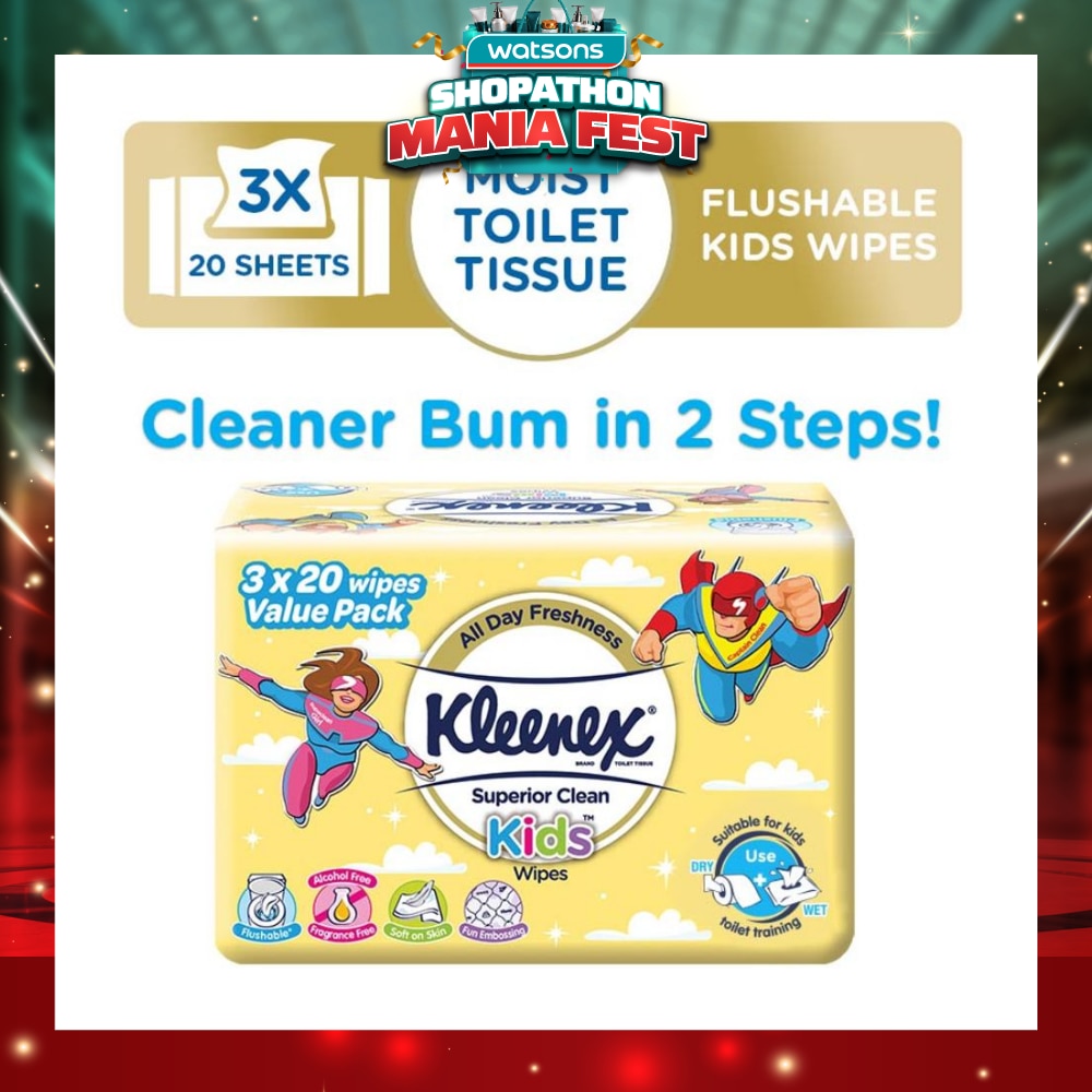 Superior Clean Kids Moist Tissue Wipes Value Packset (Flushable Suitable for Kids Toilet Training) 20s x 3pack