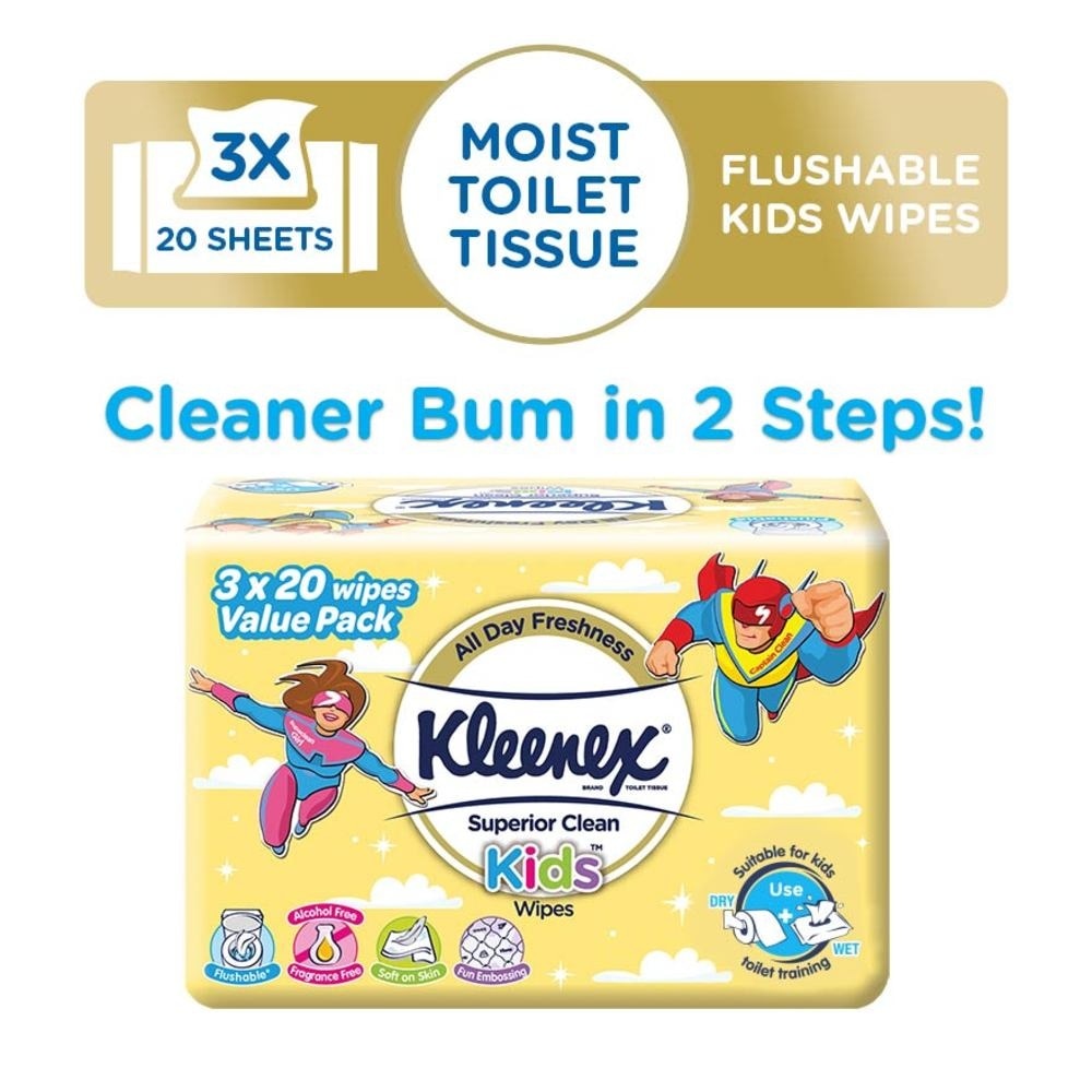 Superior Clean Kids Moist Tissue Wipes Value Packset (Flushable Suitable for Kids Toilet Training) 20s x 3pack