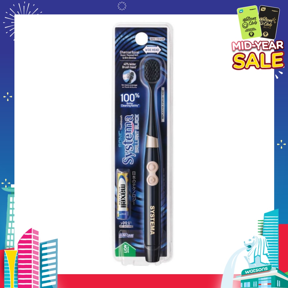 Brilliant Black Charcoal Sonic Electric Toothbrush Wide Head Super Tapered Soft & Slim Bristles 1s