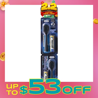 SYSTEMA Brilliant Black Charcoal Sonic Toothbrush Wide Head Super Tapered Soft & Slim Bristles Refill (with Batteries) 2s