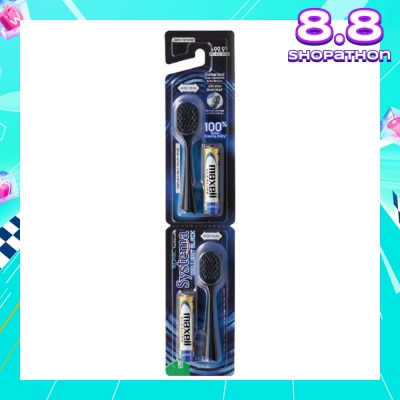 SYSTEMA Brilliant Black Charcoal Sonic Toothbrush Wide Head Super Tapered Soft & Slim Bristles Refill (with Batteries) 2s