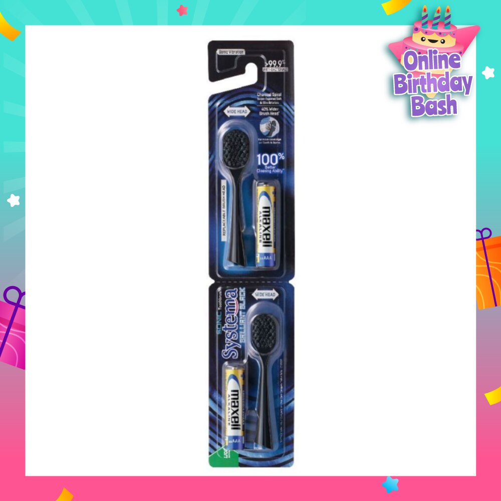 Brilliant Black Charcoal Sonic Toothbrush Wide Head Super Tapered Soft & Slim Bristles Refill (with Batteries) 2s