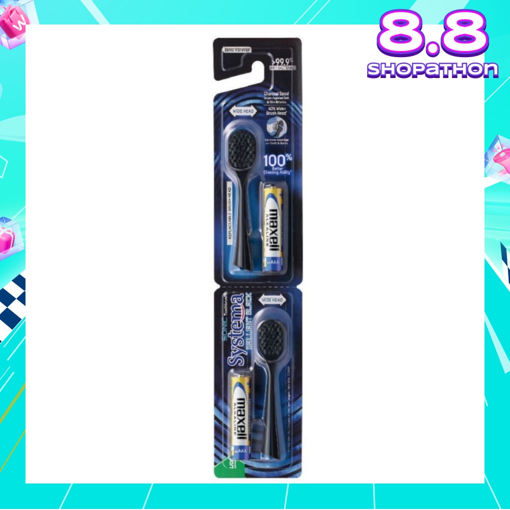 Brilliant Black Charcoal Sonic Toothbrush Wide Head Super Tapered Soft & Slim Bristles Refill (with Batteries) 2s