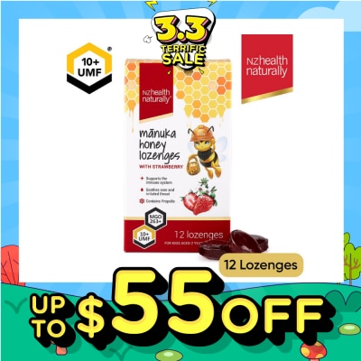 NZHEALTH NATURALLY Manuka Honey UMF 10+Lozenge With Strawberry (To Support Immune System & Soothes Sore & Irritated Throat) 12s