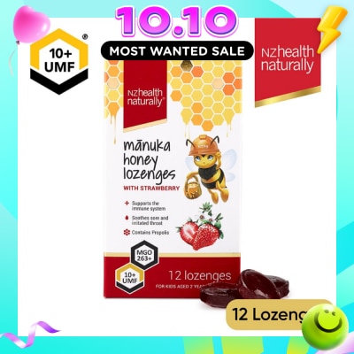 NZHEALTH NATURALLY Manuka Honey UMF 10+Lozenge With Strawberry (To Support Immune System & Soothes Sore & Irritated Throat) 12s image