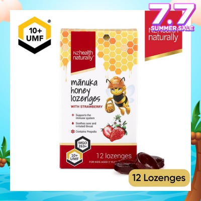 NZHEALTH NATURALLY Manuka Honey UMF 10+Lozenge With Strawberry (To Support Immune System & Soothes Sore & Irritated Throat) 12s
