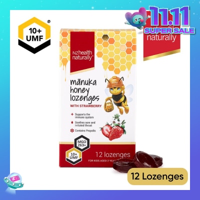 NZHEALTH NATURALLY Manuka Honey UMF 10+Lozenge With Strawberry (To Support Immune System & Soothes Sore & Irritated Throat) 12s