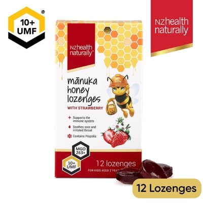 NZHEALTH NATURALLY Manuka Honey UMF 10+Lozenge With Strawberry (To Support Immune System & Soothes Sore & Irritated Throat) 12s