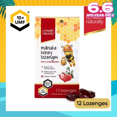 NZHEALTH NATURALLY Manuka Honey UMF 10+Lozenge With Strawberry (To Support Immune System & Soothes Sore & Irritated Throat) 12s