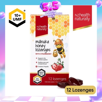 NZHEALTH NATURALLY - Manuka Honey UMF 10+Lozenge With Strawberry (To Support Immune System & Soothes Sore & Irritated Throat) 12s