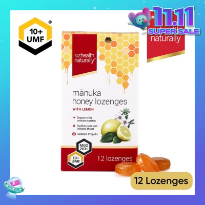 NZHEALTH NATURALLY Manuka Honey UMF 10+Lozenge With Lemon (To Support Immune System & Soothes Sore & Irritated Throat) 12s