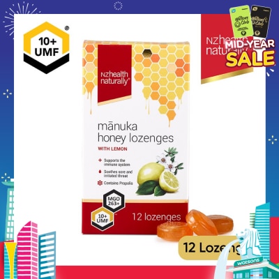 NZHEALTH NATURALLY Manuka Honey UMF 10+Lozenge With Lemon (To Support Immune System & Soothes Sore & Irritated Throat) 12s
