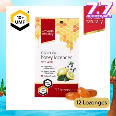 NZHEALTH NATURALLY Manuka Honey UMF 10+Lozenge With Lemon (To Support Immune System & Soothes Sore & Irritated Throat) 12s
