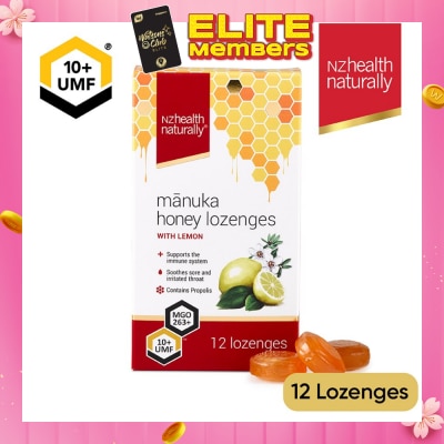 NZHEALTH NATURALLY Manuka Honey UMF 10+Lozenge With Lemon (To Support Immune System & Soothes Sore & Irritated Throat) 12s