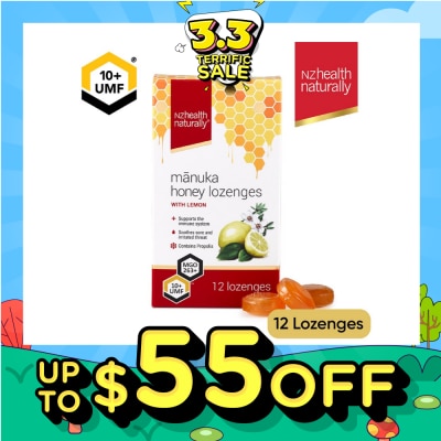 NZHEALTH NATURALLY Manuka Honey UMF 10+Lozenge With Lemon (To Support Immune System & Soothes Sore & Irritated Throat) 12s