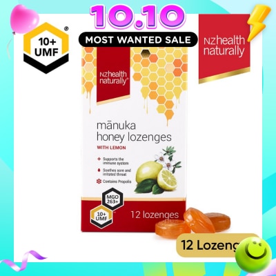 NZHEALTH NATURALLY Manuka Honey UMF 10+Lozenge With Lemon (To Support Immune System & Soothes Sore & Irritated Throat) 12s image