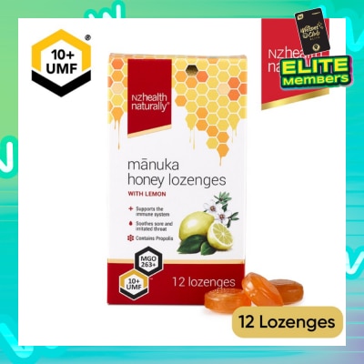 NZHEALTH NATURALLY Manuka Honey UMF 10+Lozenge With Lemon (To Support Immune System & Soothes Sore & Irritated Throat) 12s