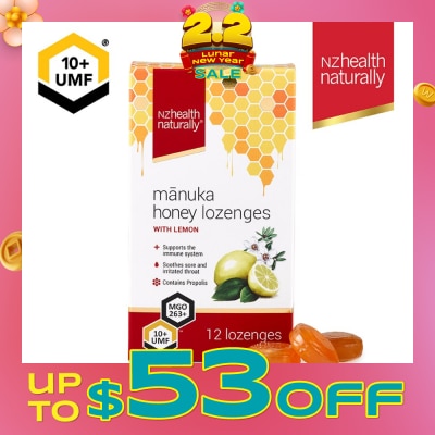 NZHEALTH NATURALLY Manuka Honey UMF 10+Lozenge With Lemon (To Support Immune System & Soothes Sore & Irritated Throat) 12s