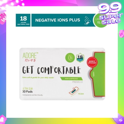 ADORE Get Comfortable Ultra Slim Negative Ions Plus Sanitary Pad 15.5cm (For Daily Use) 30s