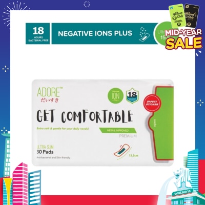 ADORE Get Comfortable Ultra Slim Negative Ions Plus Sanitary Pad 15.5cm (For Daily Use) 30s