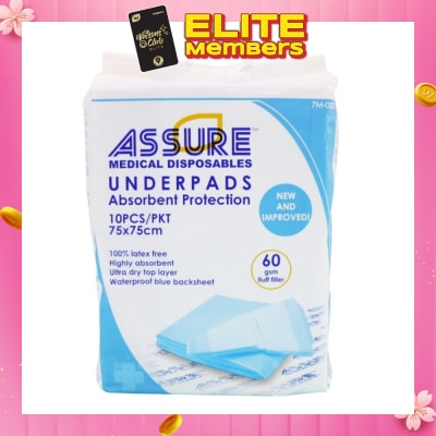 ASSURE Underpads 75cm x 75cm 60gsm Fluff 10 Pieces