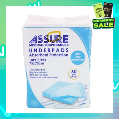 ASSURE Underpads 75cm x 75cm 60gsm Fluff 10 Pieces
