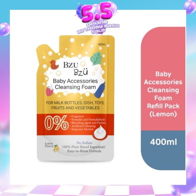 BZU BZU - Baby Accessories Cleansing Foam 100% Plant Based Ingredients Easy to Rinse Formula Lemon Flavour Refill (Suitable for Milk Bottles Dish Toys Fruits & Vegetables) 400ml