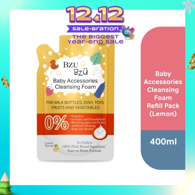 BZU BZU Baby Accessories Cleansing Foam 100% Plant Based Ingredients Easy to Rinse Formula Lemon Flavour Refill (Suitable for Milk Bottles Dish Toys Fruits & Vegetables) 400ml