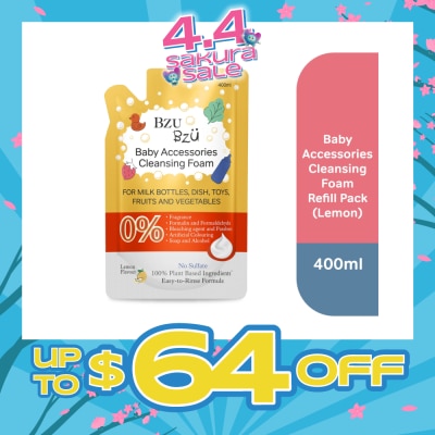 BZU BZU - Baby Accessories Cleansing Foam 100% Plant Based Ingredients Easy to Rinse Formula Lemon Flavour Refill (Suitable for Milk Bottles Dish Toys Fruits & Vegetables) 400ml