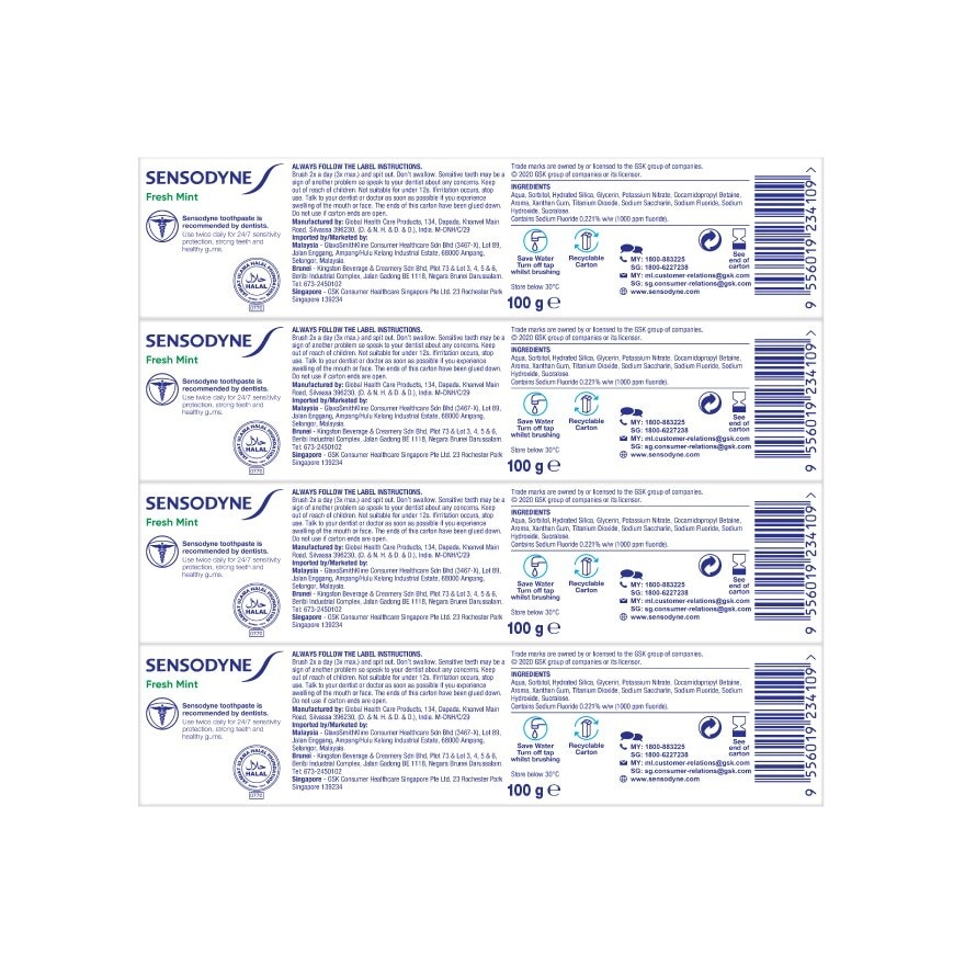 Sensodyne 24/7 Protection Fresh Mint Toothpaste 100g 4s Packset (Buy 2, Free 2)