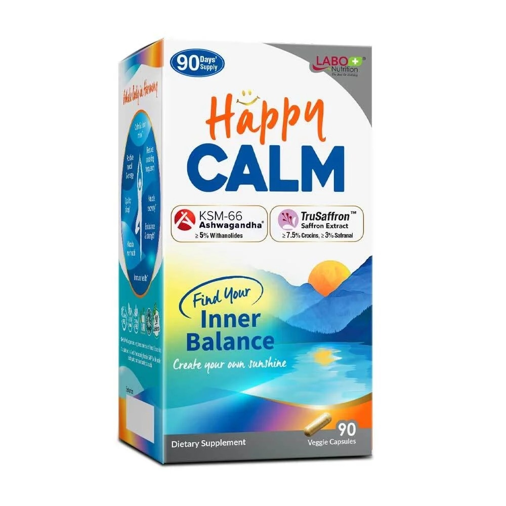 Happy CALM Dietary Supplement Veggie Capsule (Ashwagandha & Saffron Extract To Reduce Stress, Relax Mood, Calm Brain, & Restful Sleep) 90s