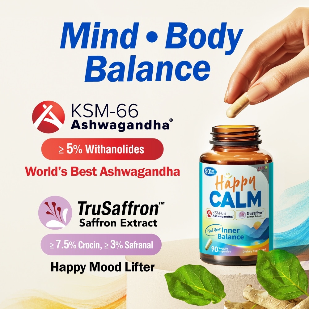 Happy CALM Dietary Supplement Veggie Capsule (Ashwagandha & Saffron Extract To Reduce Stress, Relax Mood, Calm Brain, & Restful Sleep) 90s