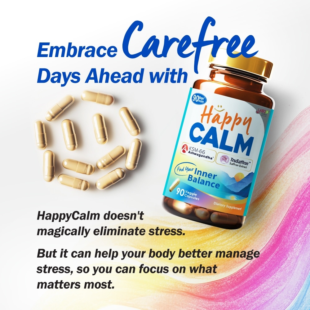 Happy CALM Dietary Supplement Veggie Capsule (Ashwagandha & Saffron Extract To Reduce Stress, Relax Mood, Calm Brain, & Restful Sleep) 90s