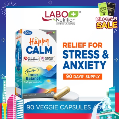 LABO NUTRITION Happy CALM Dietary Supplement Veggie Capsule (Ashwagandha & Saffron Extract To Reduce Stress, Relax Mood, Calm Brain, & Restful Sleep) 90s