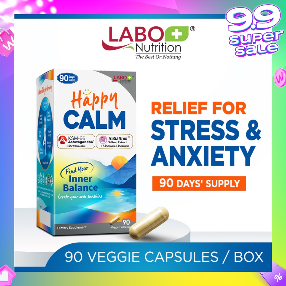Happy CALM Dietary Supplement Veggie Capsule (Ashwagandha & Saffron Extract To Reduce Stress, Relax Mood, Calm Brain, & Restful Sleep) 90s