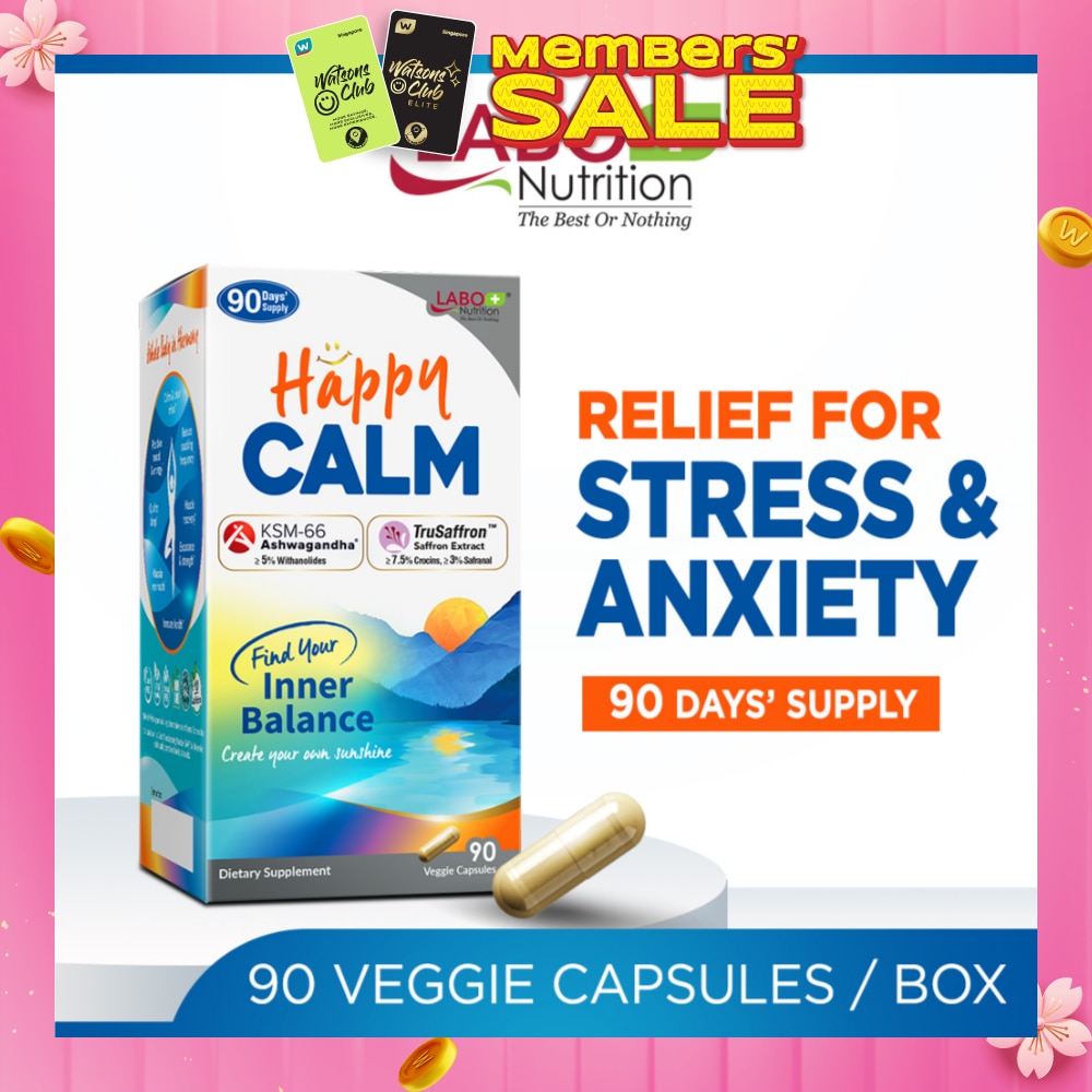 Happy CALM Dietary Supplement Veggie Capsule (Ashwagandha & Saffron Extract To Reduce Stress, Relax Mood, Calm Brain, & Restful Sleep) 90s