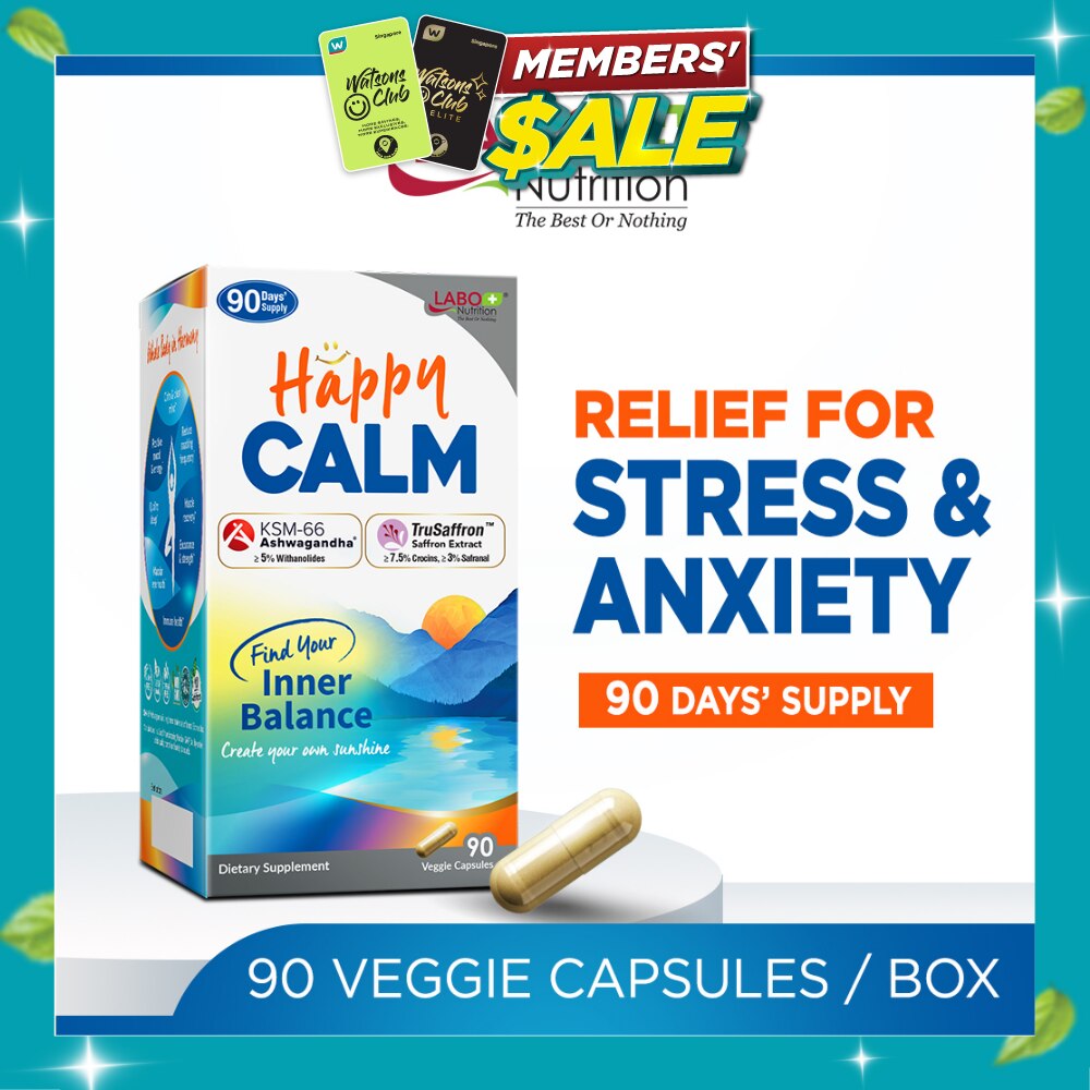 Happy CALM Dietary Supplement Veggie Capsule (Ashwagandha & Saffron Extract To Reduce Stress, Relax Mood, Calm Brain, & Restful Sleep) 90s image