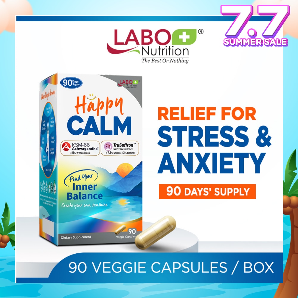 Happy CALM Dietary Supplement Veggie Capsule (Ashwagandha & Saffron Extract To Reduce Stress, Relax Mood, Calm Brain, & Restful Sleep) 90s