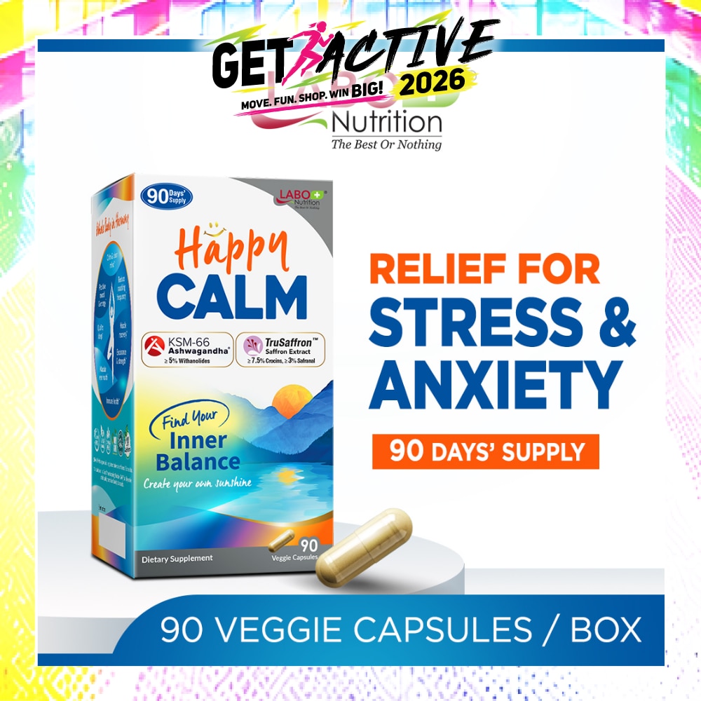 Happy CALM Dietary Supplement Veggie Capsule (Ashwagandha & Saffron Extract To Reduce Stress, Relax Mood, Calm Brain, & Restful Sleep) 90s image