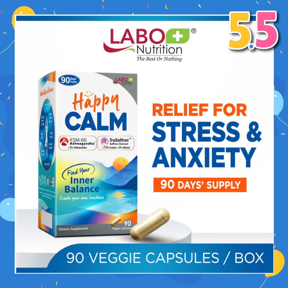 Happy CALM Dietary Supplement Veggie Capsule (Ashwagandha & Saffron Extract To Reduce Stress, Relax Mood, Calm Brain, & Restful Sleep) 90s