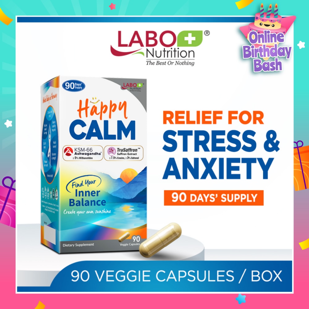 Happy CALM Dietary Supplement Veggie Capsule (Ashwagandha & Saffron Extract To Reduce Stress, Relax Mood, Calm Brain, & Restful Sleep) 90s