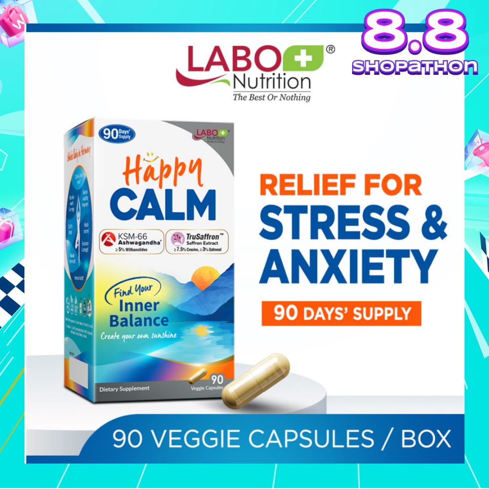 Happy CALM Dietary Supplement Veggie Capsule (Ashwagandha & Saffron Extract To Reduce Stress, Relax Mood, Calm Brain, & Restful Sleep) 90s