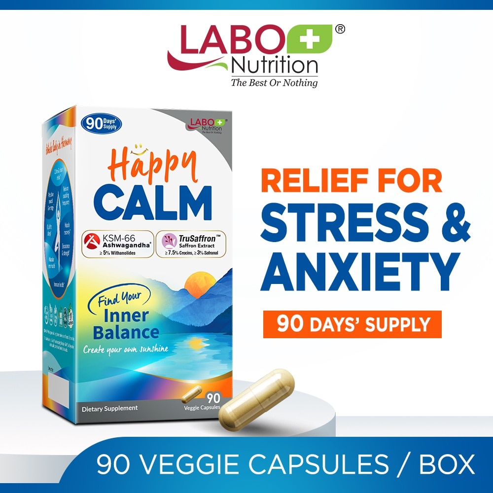 Happy CALM Dietary Supplement Veggie Capsule (Ashwagandha & Saffron Extract To Reduce Stress, Relax Mood, Calm Brain, & Restful Sleep) 90s