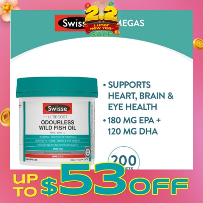 SWISSE Ultiboost Odourless Wild Fish Oil Capsule 1000mg (Supports Heart Brain & Eye Health) 200s