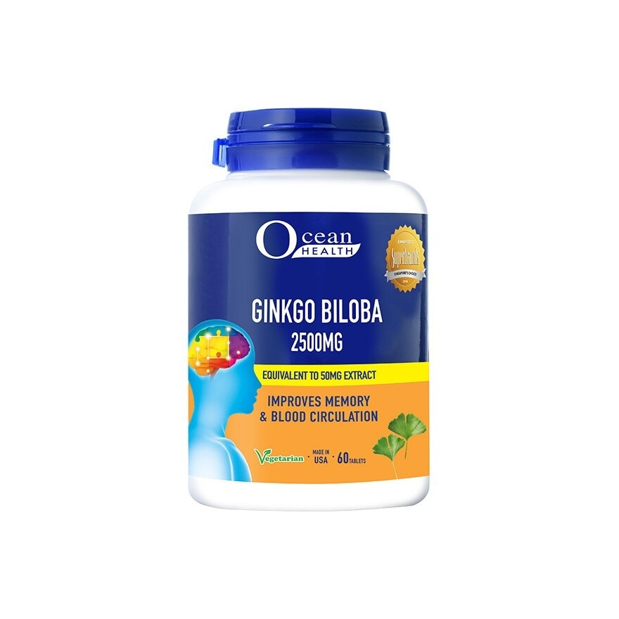 Ginkgo Biloba Tablet 2500mg (Improves Memory & Blood Circulation, Supports Concentration & Mental Alertness + Vegetarian) 60s