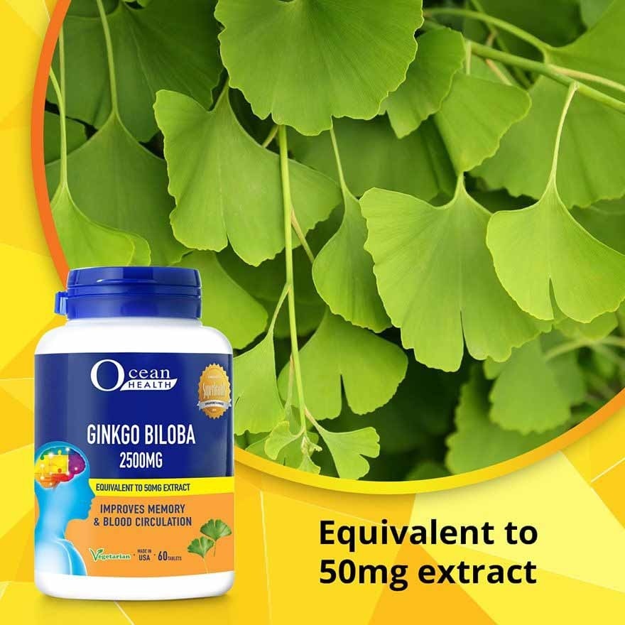 Ginkgo Biloba Tablet 2500mg (Improves Memory & Blood Circulation, Supports Concentration & Mental Alertness + Vegetarian) 60s