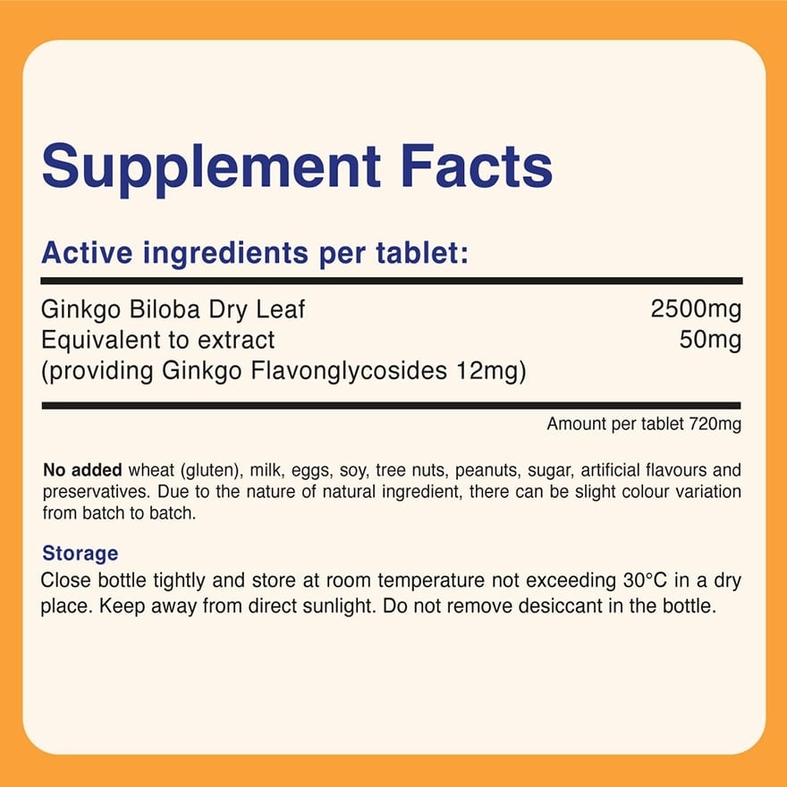 Ginkgo Biloba Tablet 2500mg (Improves Memory & Blood Circulation, Supports Concentration & Mental Alertness + Vegetarian) 60s