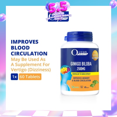 OCEAN HEALTH - Ginkgo Biloba Tablet 2500mg (Improves Memory & Blood Circulation, Supports Concentration & Mental Alertness + Vegetarian) 60s